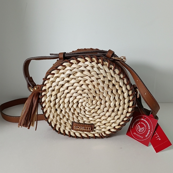 Rosetti Handbags - Rosetti Brown & Natural Round Leather & Straw Crossbody Bag